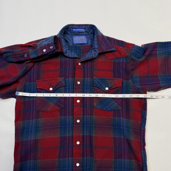 Vintage Pendleton Shirt Womens Medium Red Blue Plaid Wool Western Snap Front 70s - Picture 13 of 15
